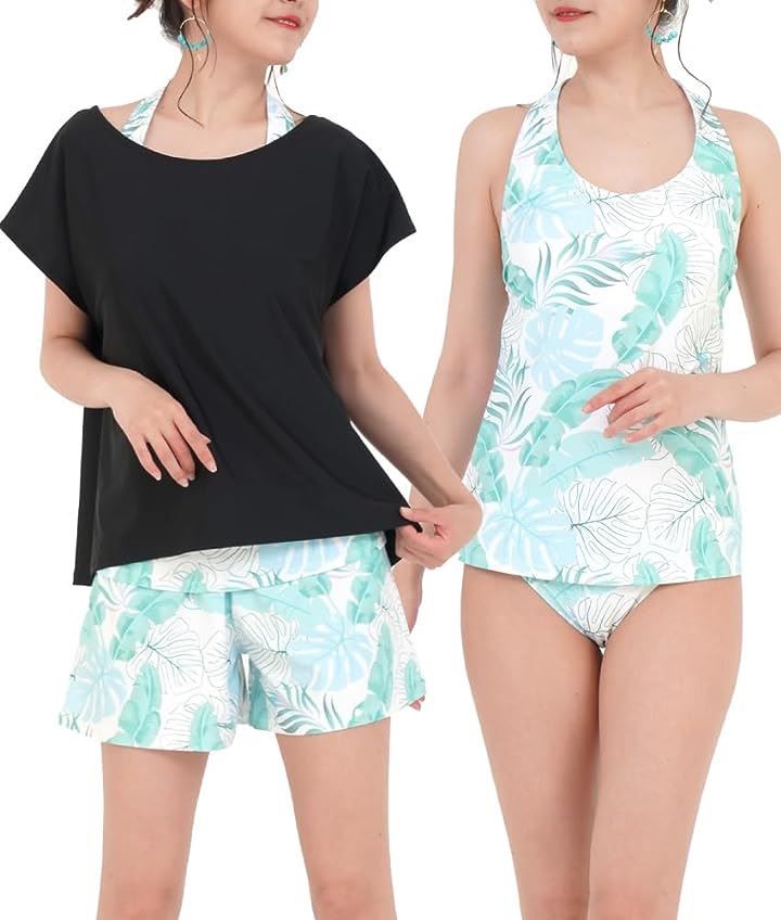 Sweet Passion(スウィートパッション) 水着 レディース 体型カバー 4点セット タンキニ Tシャツ ハーフパンツ ショーツ グリーンリーフ x ブラック( グリーンリーフ x ブラック,  M) 水着 レディース 体型カバー タンキニ 4点セット RUSTY ラスティ ビキニ セパレート 半袖 Tシャツ サーフブランド ショートパンツ 水陸両用  花柄 ママ水着 20代 30代 40代 2024SS karlas - 【Karlas カルラス】- プレゼント＆ギフトのギフトモール