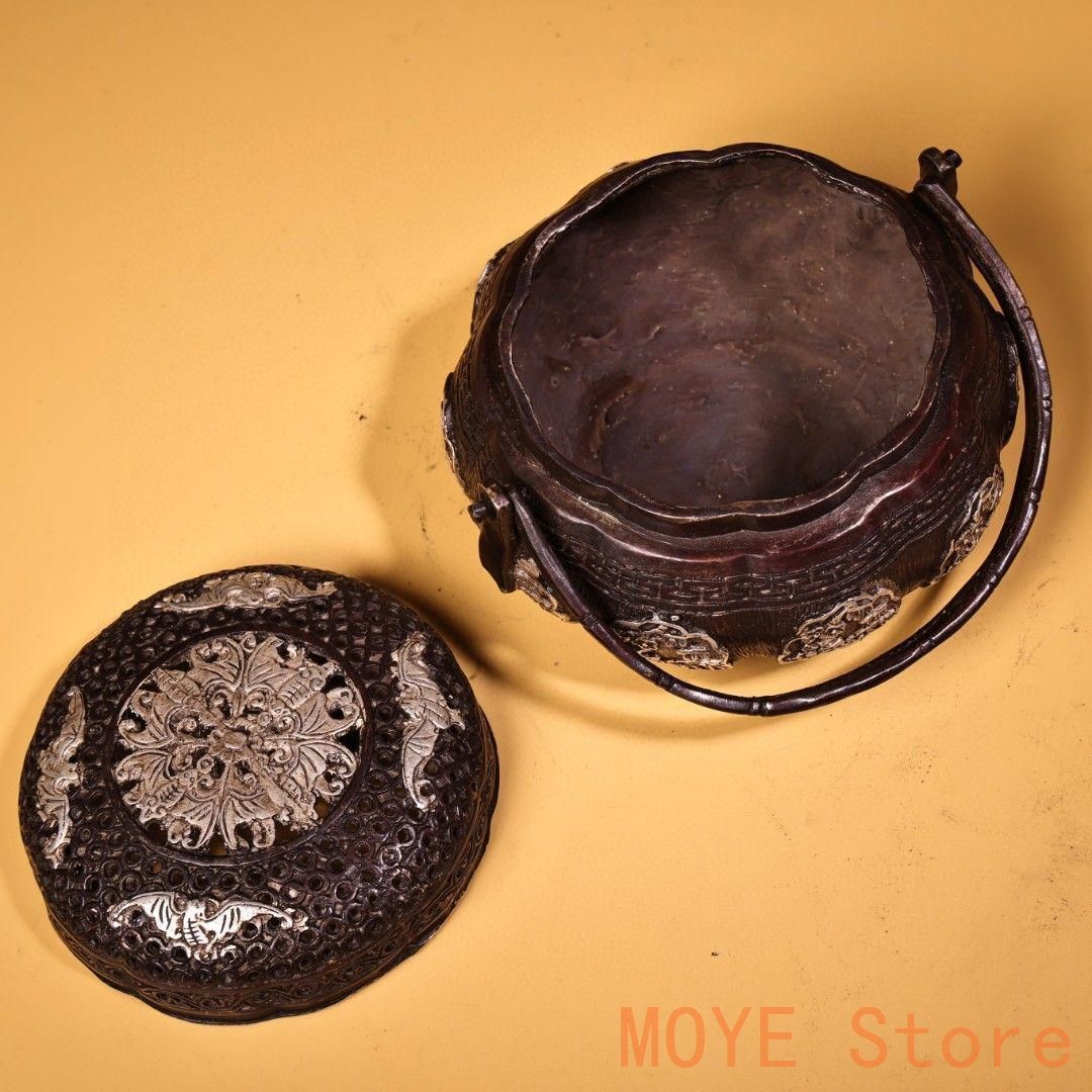 銅 細工 高浮彫鏨刻銀温手炉 香炉 提梁炉 香道具 装飾品 工芸品 置物