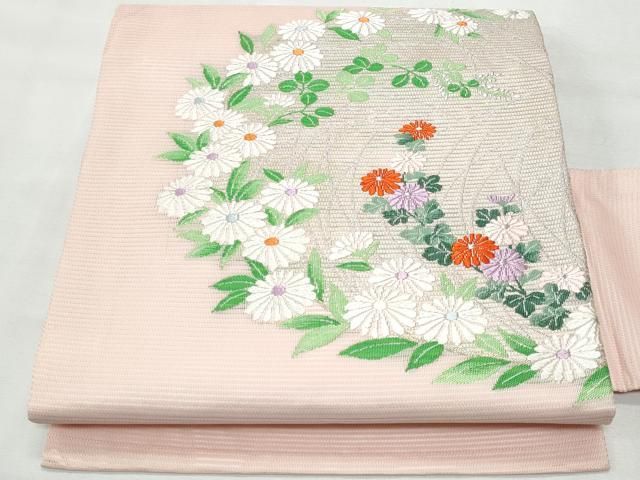 平和屋着物＊夏物 九寸名古屋帯 唐織 草花文 銀糸 正絹 逸品
