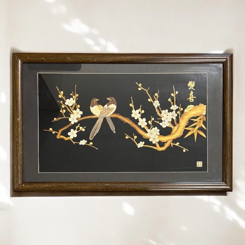 中国現地買入 おしどり 切り絵 貼り絵 中国 梅 風景 額 版画 アート イラスト 美術品 中国雑貨 コレクション 骨董品 アンティーク
