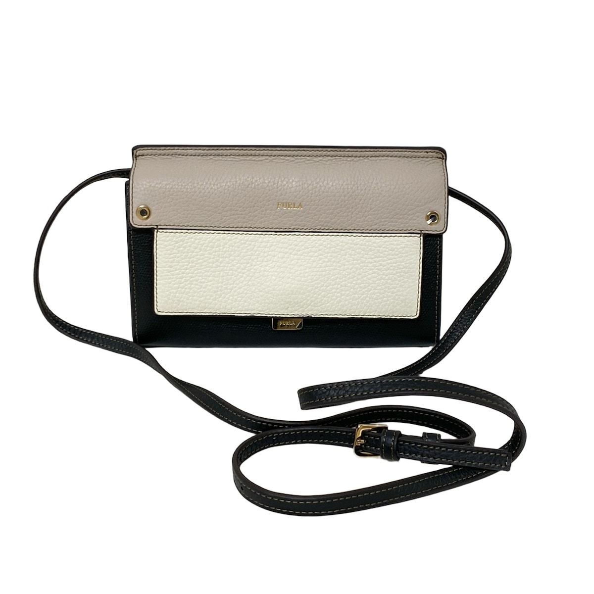FURLA フルラ 財布 - 黒×グレーベージュ×白 ショルダーウォレット レザー