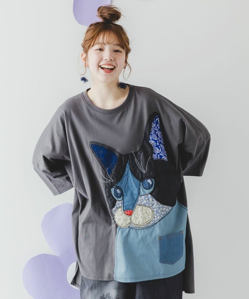 美品♡スカラー♡カラフル 総柄♡シフォンジャケット♡ Mサイズ ScoLar（スカラー）ネコ柄デニムアップリケチュニック