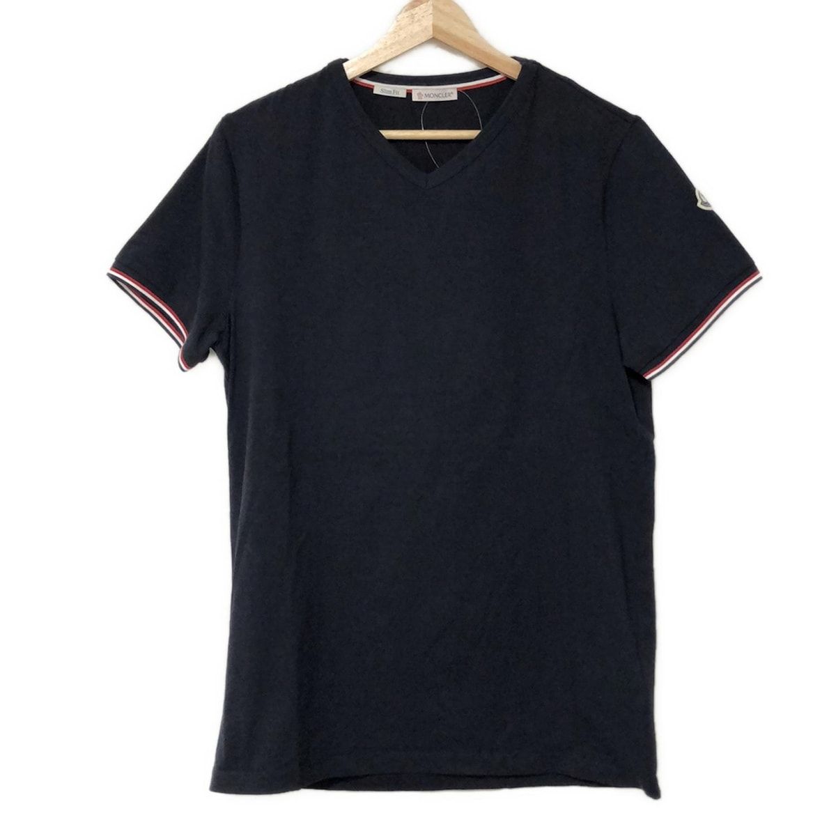 MONCLER モンクレール 半袖Tシャツ サイズL レディース MAGLIA SCOLLO A V ダークネイビー×レッド×白 Vネック