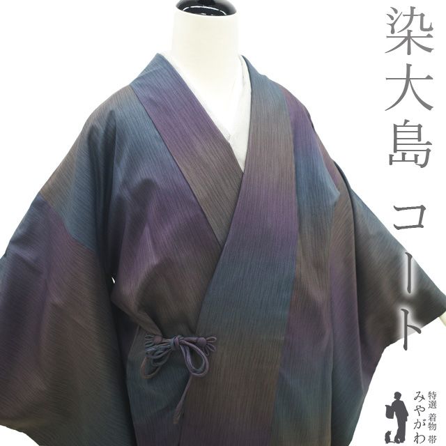 中古】 道中着 コート リサイクル 正絹 本場大島紬 染大島 袷 紫 青紺  