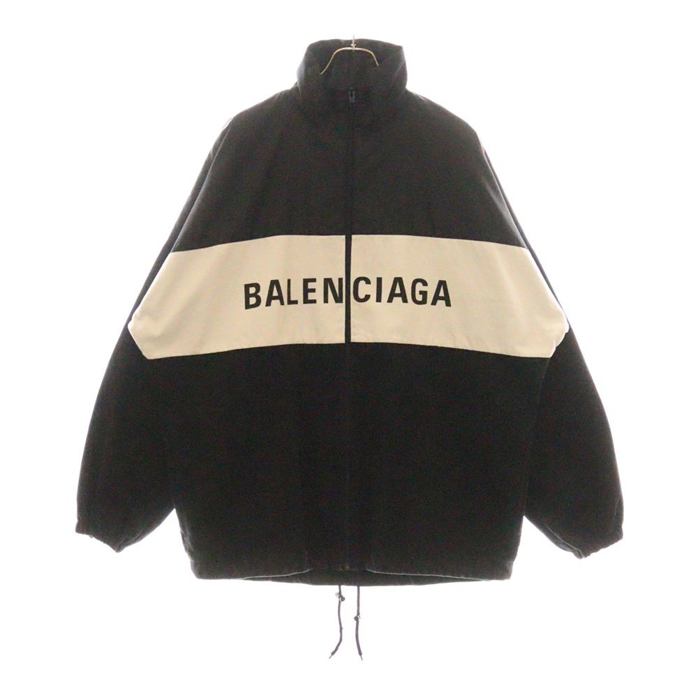 BALENCIAGA バレンシアガ 18AW デニム切替 フロントロゴプリント オーバーサイズ ジップアップ ナイロンジャケット ブラック|ホワイト 529213 TBQ03