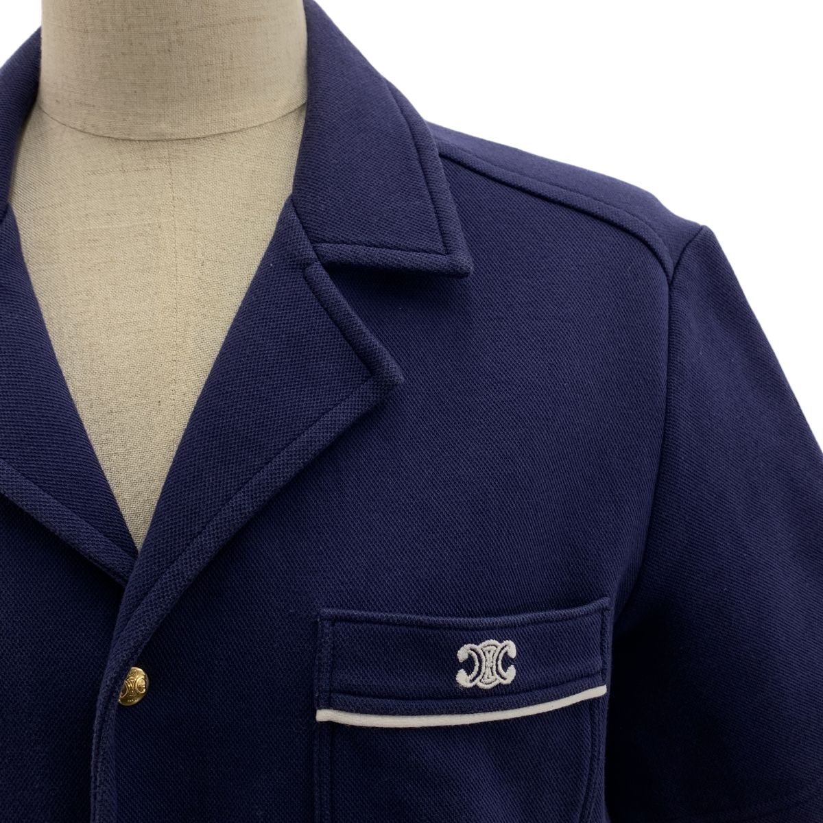 CELINE | セリーヌ | トリオンフ ロゴ スリット オープンカラー シャツ | M | ネイビー | レディース