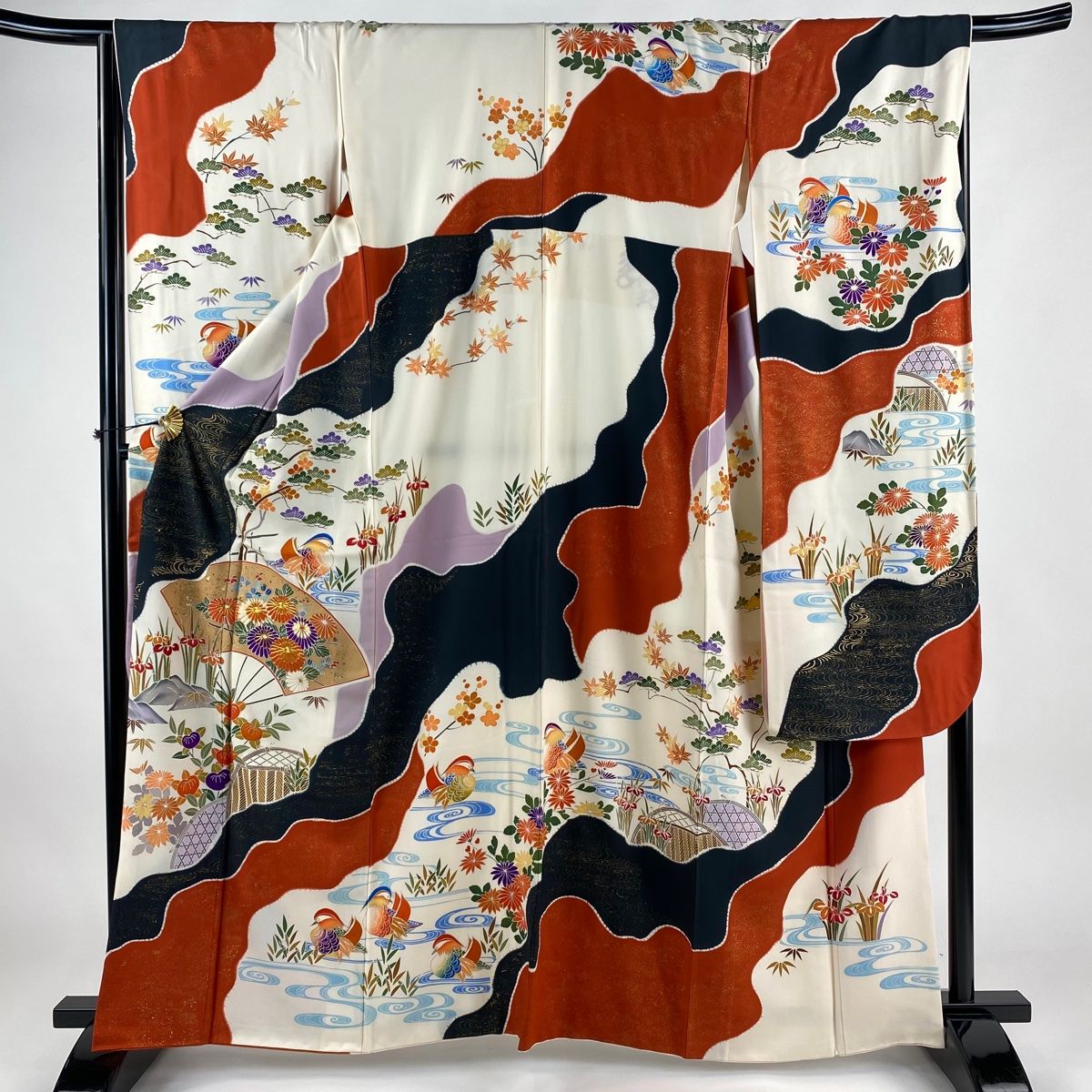 振袖 身丈163cm 裄丈66cm M 袷 花扇 松竹梅 金糸 金彩 クリーム 正絹 名品