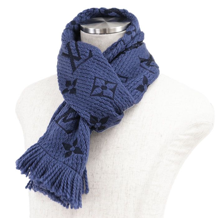 LOUIS VUITTON ルイ ヴィトン マフラー エシャルプ ロゴマニア モノグラム LV 総柄 ウール × シルク ダブルフェイス フリンジ ストール 属 メンズ レディース ユニセックス ブルー ネイビー 青 紺 イタリア製 M70812