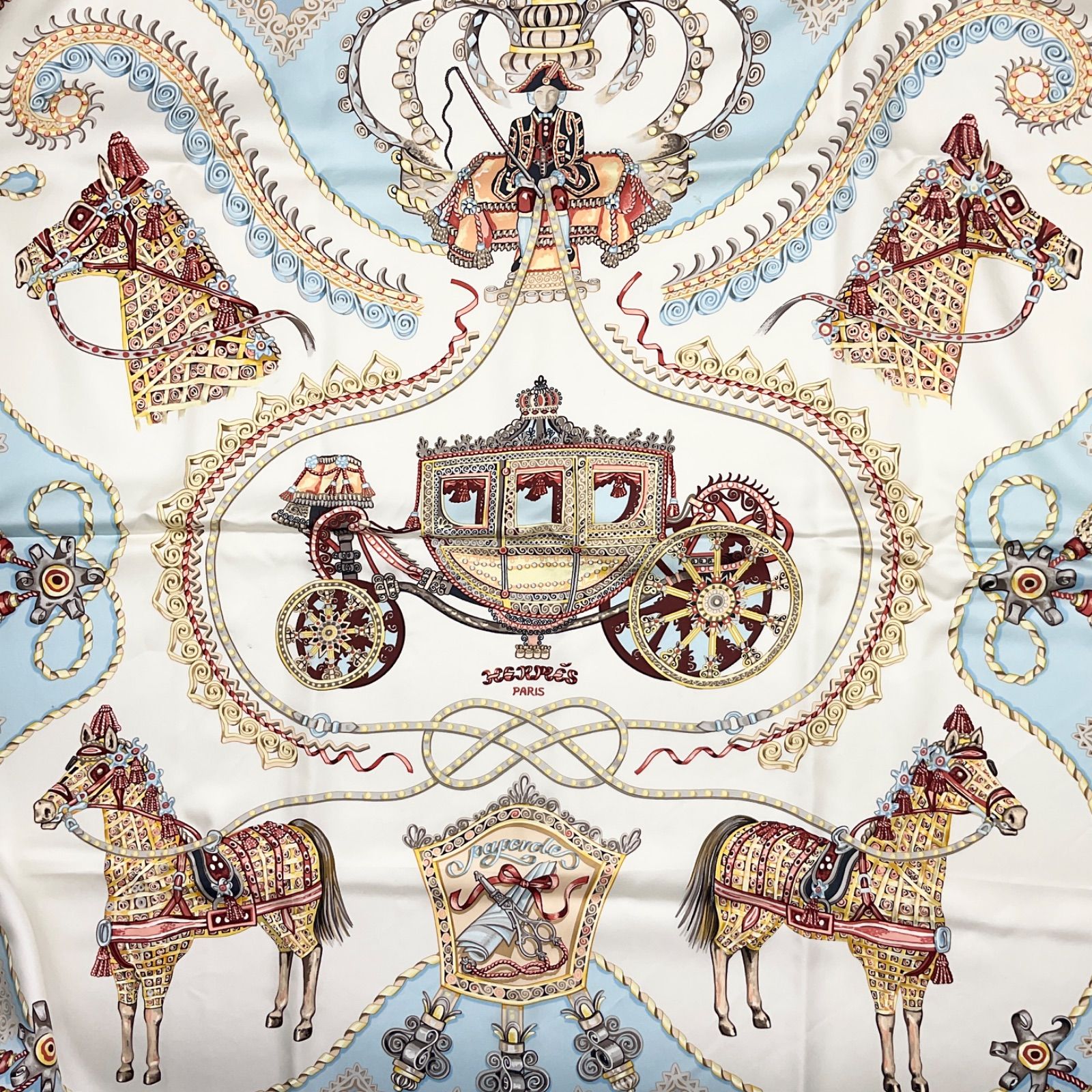 HERMES エルメス カレ90 スカーフ PAPEROLES パプロール 馬車と貴族 シルク ブルー系 ホワイト マルチカラー ABランク 6_193