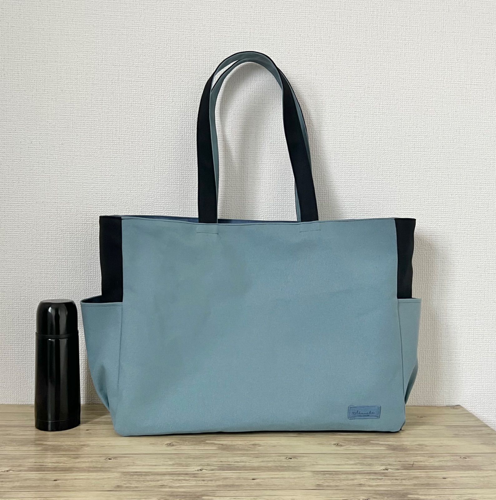 XXLサイズ】〈底板付き〉ブルージェイドー&黒 8号倉敷帆布使用 サイド 