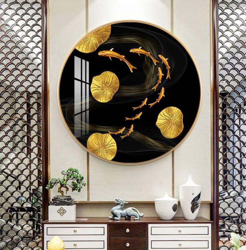 壁絵 壁掛け 廊下壁画 玄関装飾画70㎝ 開運画インテリア 部屋飾り 飾り絵 風水写真 金 運 金魚 蓮 転居お祝い