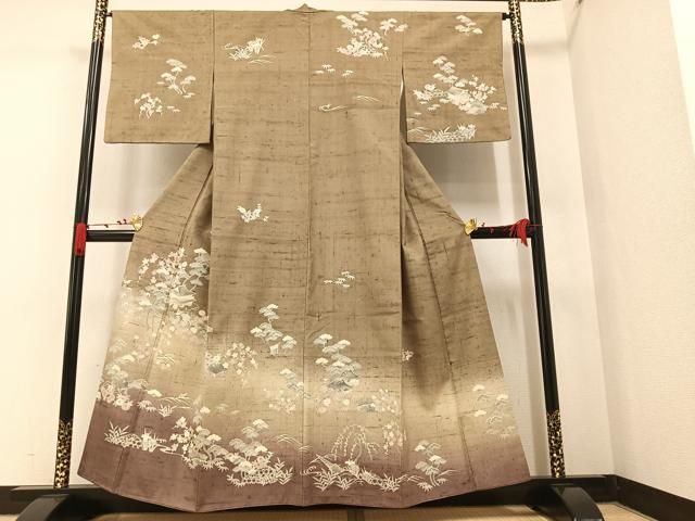 平和屋着物○訪問着 生紬地 手描き 松竹梅 風景文 利休茶色 暈し染め