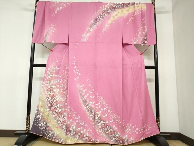 平和屋着物●男性 訪問着 花蝶文 暈し染め 金彩 銀通し地 正絹 DAAY5416ud