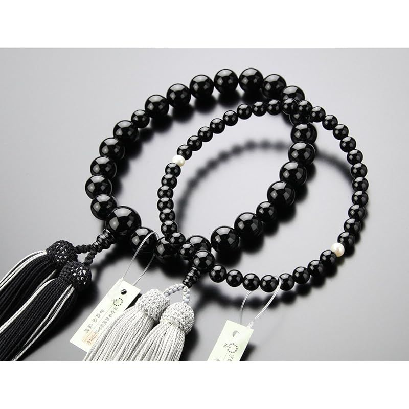 念珠ドットコム ペア数珠 数珠 男性用（22玉 オニキス 2色梵天房）・数珠 女性用（約8ミリ オニキス 2色梵天房? 念珠ドットコム ペア数珠 数珠 男性用（22玉 オニキス 2色梵天房）・数珠