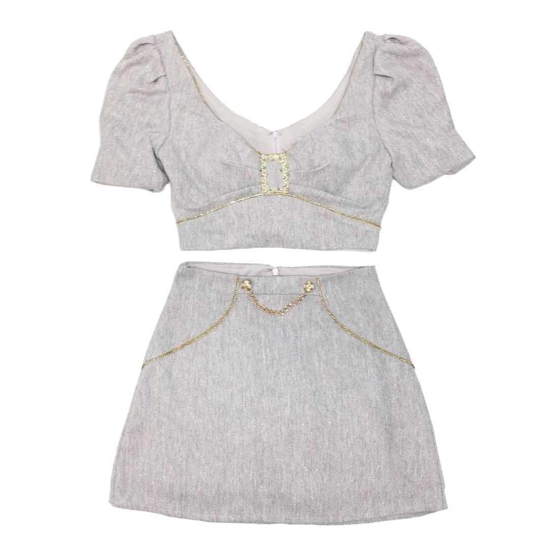 PURESS by AngelR ピュアレスバイエンジェルアール バストビジューパールチェーンバックルパフショルダーマイクロフレアミニドレス キャバドレス PURESS by AngelR / ピュアレスバイエンジェルアール】バストビジュー