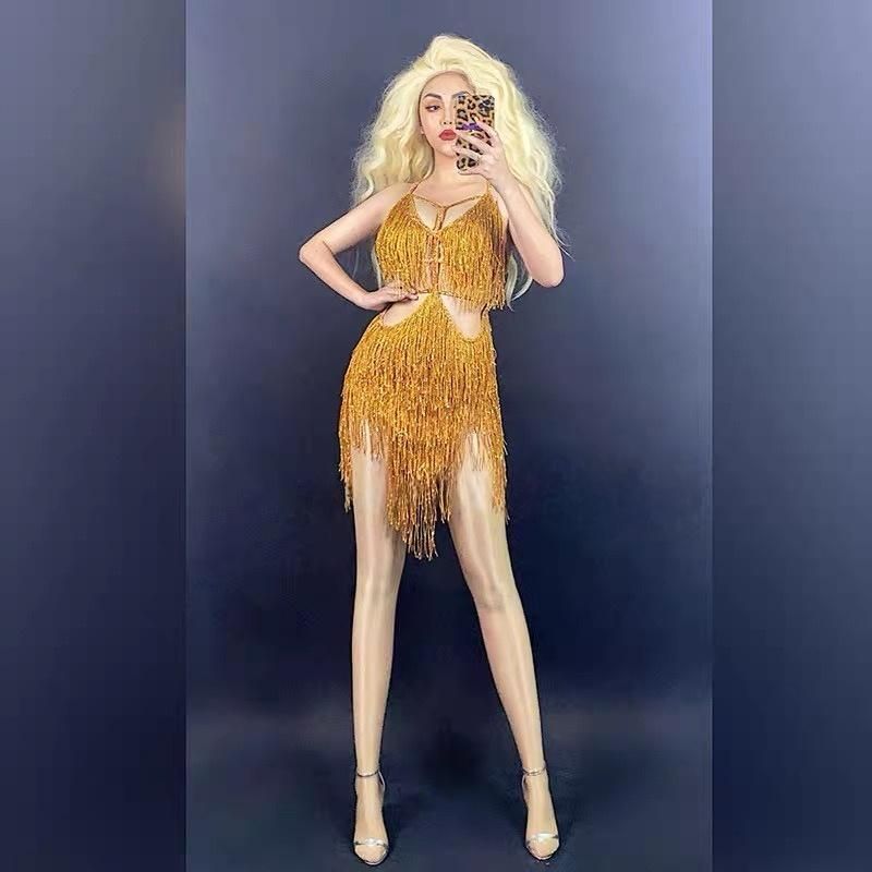 ♥ 社交ダンスドレス ベリーダンス衣装 ゴールド ラメ キラキラ フリンジ パーティードレス スパンコール クラブウェア ゴールド