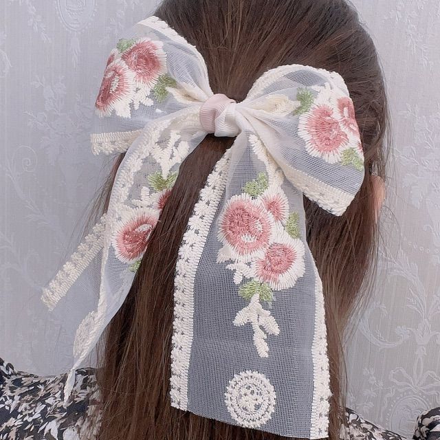 ハンドメイド】シースルー花柄刺繍リボンヘアゴム バレッタ ヘア