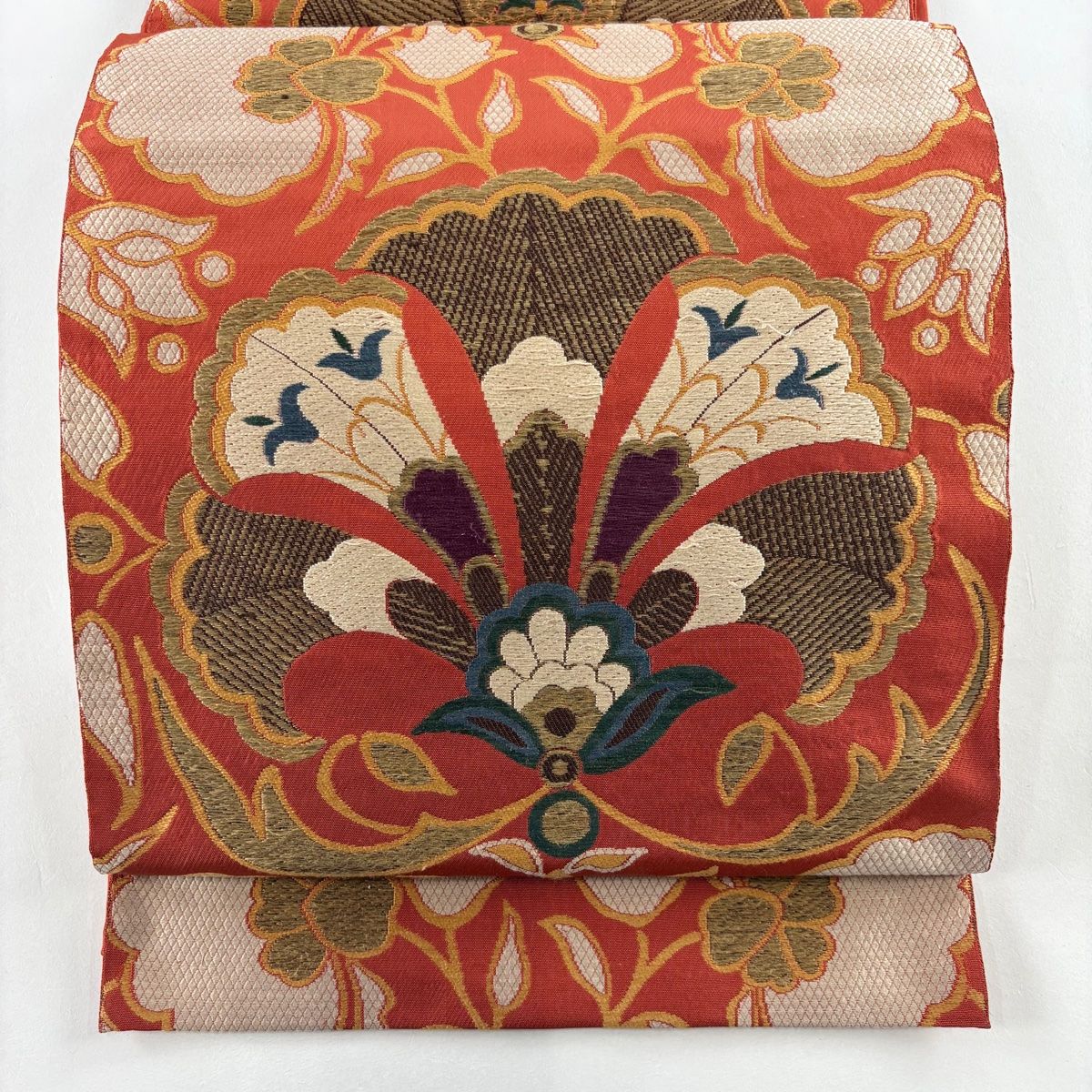 袋帯 洛風林 落款 草花 金糸 刺繍 朱色 全通 正絹