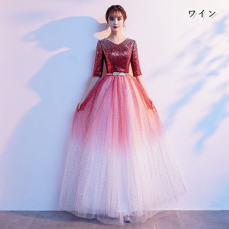 ドレス 衣装 ワンピース ロングワンピース イブニングドレス 二次会ドレス 演奏会ドレス ステージドレス ロング丈 5分袖 Vネック ウエストマーク スリット レディース ドレス パーティードレス イブニングドレス