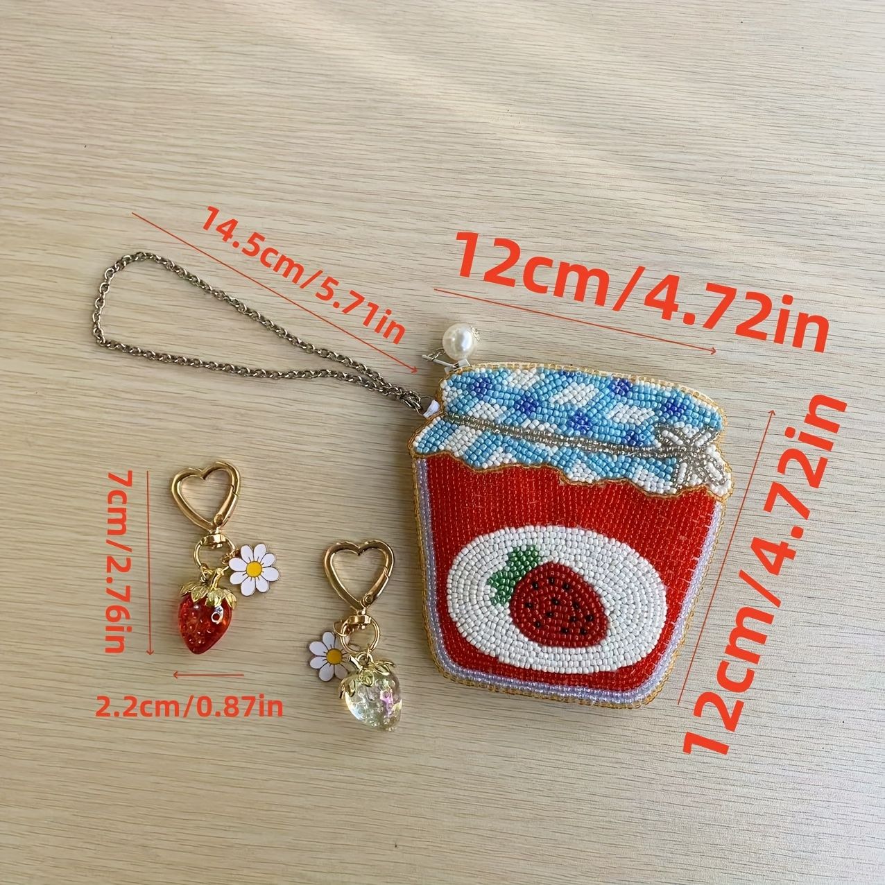 ハニーガールスタイル ビーズ ストロベリー クラッチとマッチングイヤリング、PVC ジオメトリックパターン、スイカレッド、ジッパー
