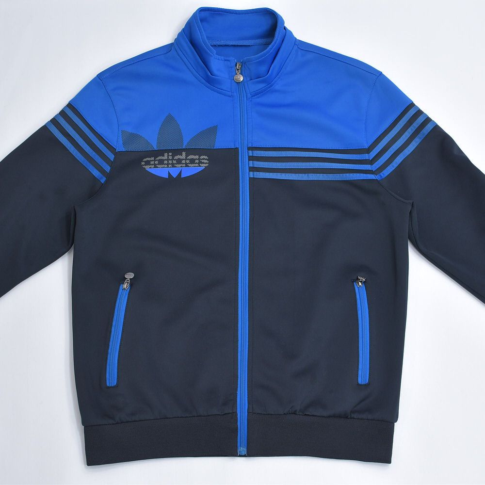 トラックジャケット adidasトレフォイル刺繍ロゴ古着ジャージブルー 80