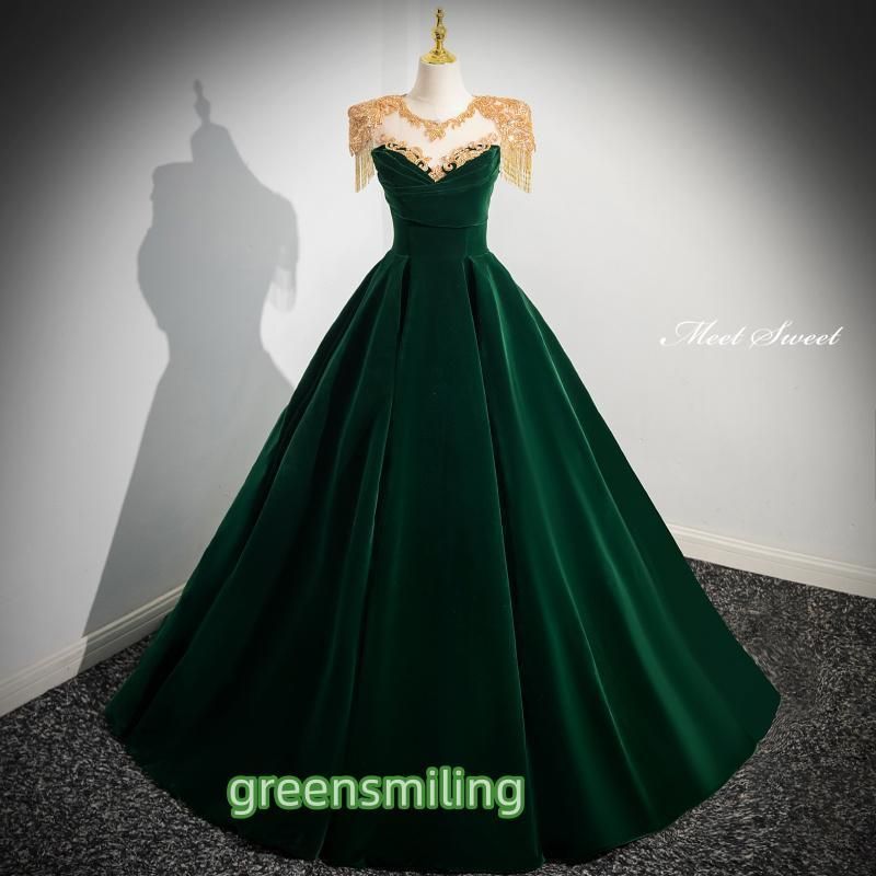 ドレス Aラインドレス ロングドレス グリーン 緑 ベルベット ビーズ ウェディングドレス 結婚式 二次会 花嫁 前撮り 演奏会 発表会