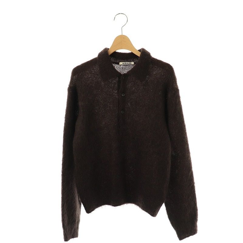 オーラリー AURALEE BRUSHED SUPER KID MOHAIR KNIT POLO ニット ポロシャツ 長袖 0 ブラウン /DF ■OS レディース オーラリー AURALEE BRUSHED SUPER KID MOHAIR KNIT POLO ニット