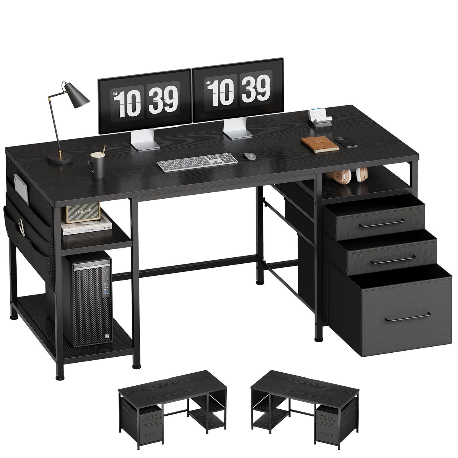 勉強机 幅150cm×奥行50cm 学習机 布製引き出し付き パソコンデスク ゲーミングデスク pcデスク パソコン机 机 収納ラック付き Maihail 黒