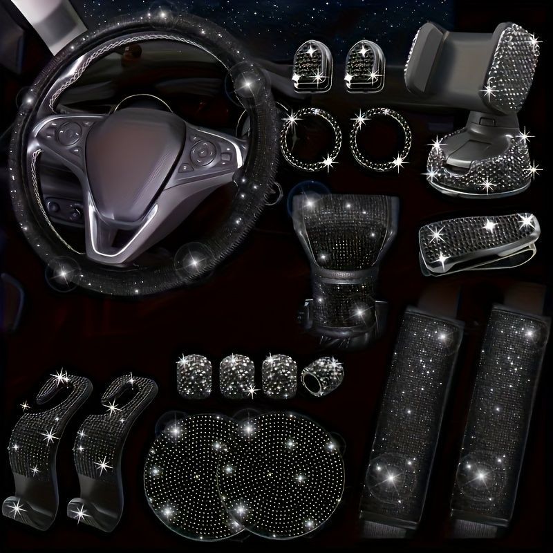 ハンドルカバー ステアリングカバー ギアシフトカバー 18点セット 普通車 軽自動車 キラキラ おしゃれ かわいい 内装パーツ 握りやすい 汎用 通気 感 ドレスアップ 簡単装着 内装用品 洗える ブルー レッド ピンク ブラック ホワイト BRIGHTFACE_UK