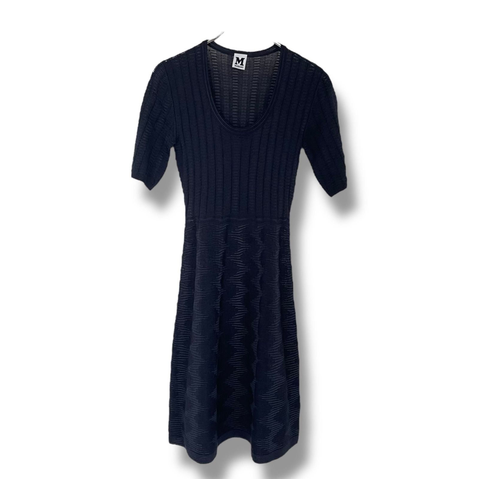 MISSONI ミッソーニ ネイビー リブニット ワンピース 半袖 毛54% レーヨン46% ルーマニア製 38 Sサイズ相当 レディース 上質 エレガント おしゃれ 0000484OC