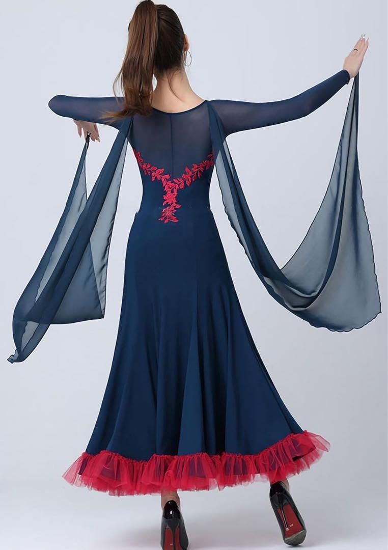 上品 社交ダンスドレス 刺繍花柄 フロント付き袖 モダンダンス衣装ダンスドレス 上品 社交ダンスドレス 刺繍花柄 フロント付き袖 モダンダンス