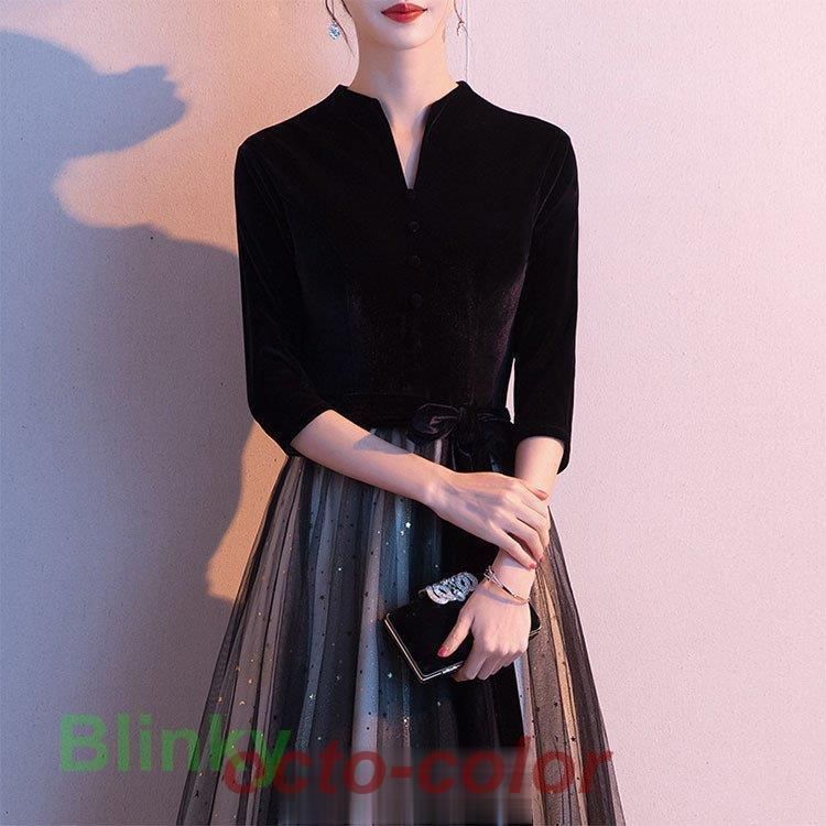 イブニングドレス ロングドレス 黒 ベロア ベルベット チュール 発表会