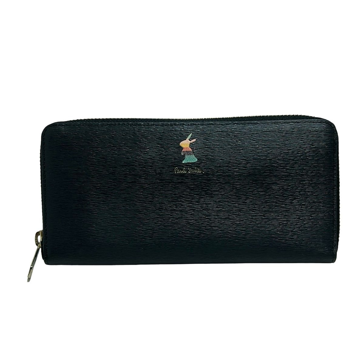 【美品】ポールスミス 財布 アングルストライプ ラウンドファスナー レザー 黒 PaulSmith(ポールスミス) 長財布 - 黒 うさぎ/ラウンド