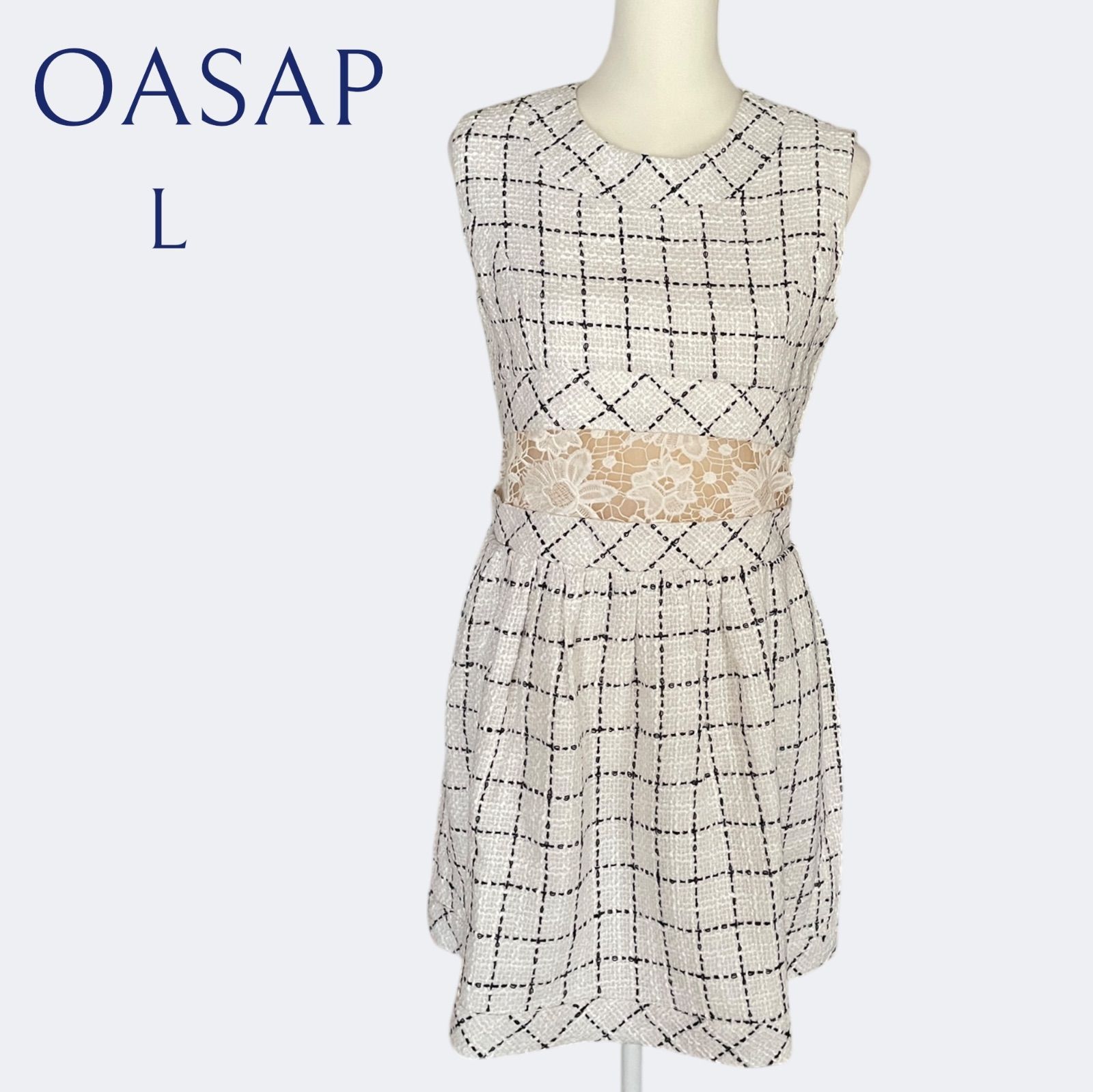 ◆OASAPオッサエプ 秋冬暖か素材のホワイトチェックミニフ ワンピース ウエストレース L