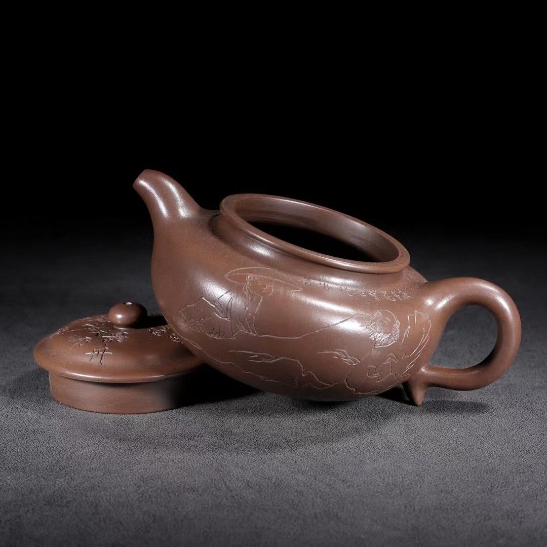 中国骨董品☆友人から贈られた・元鉱泥・紫砂手彫・顧景舟紋・急須