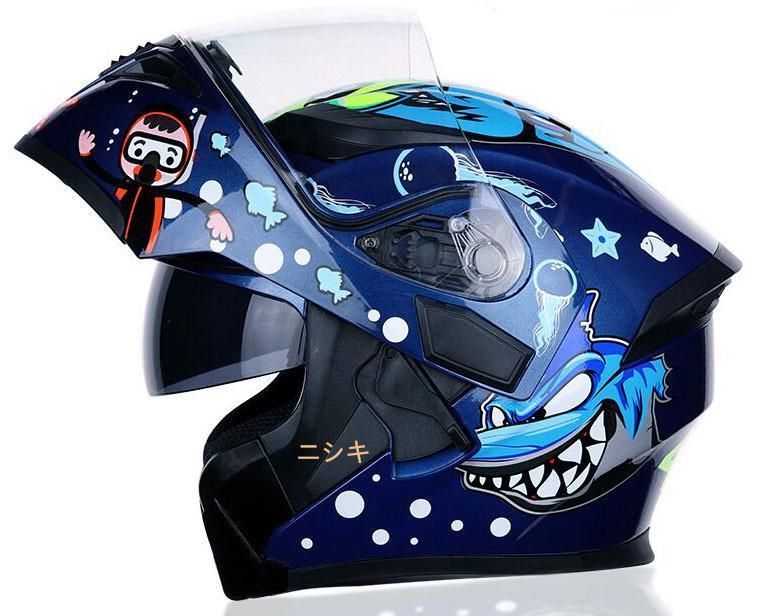 人気 ヒレ付き フリップアップ フルフェイスヘルメットインナー丸洗い可 サメ柄