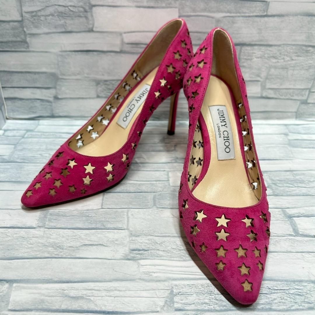 JIMMY CHOO ピンク スエード ハイヒール 美品】JIMMY CHOO ハイヒール パンチング 星 ピンク スエード 35.5 (24