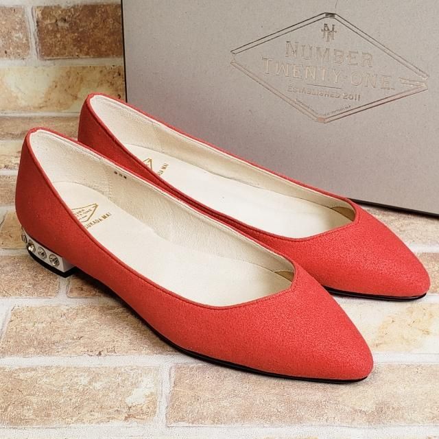 エヌティ スエードレザー ビジューヒール パンプス 35.5 レッド