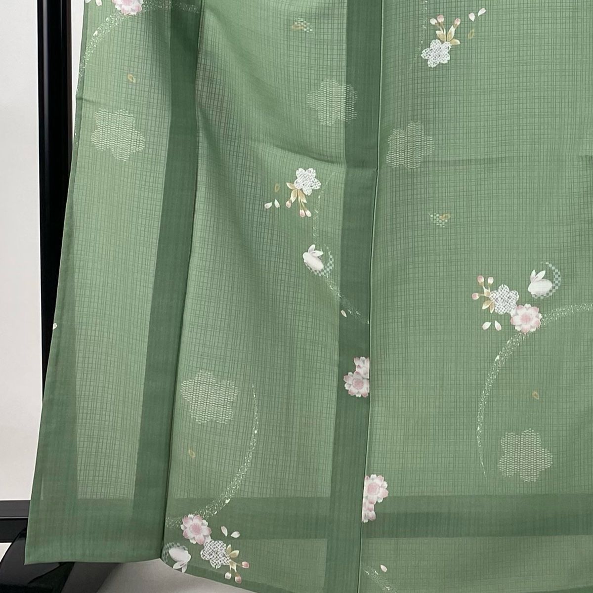 小紋 身丈165cm 裄丈67cm M 薄物 洗える着物 うさぎ 桜 よもぎ色 化繊  