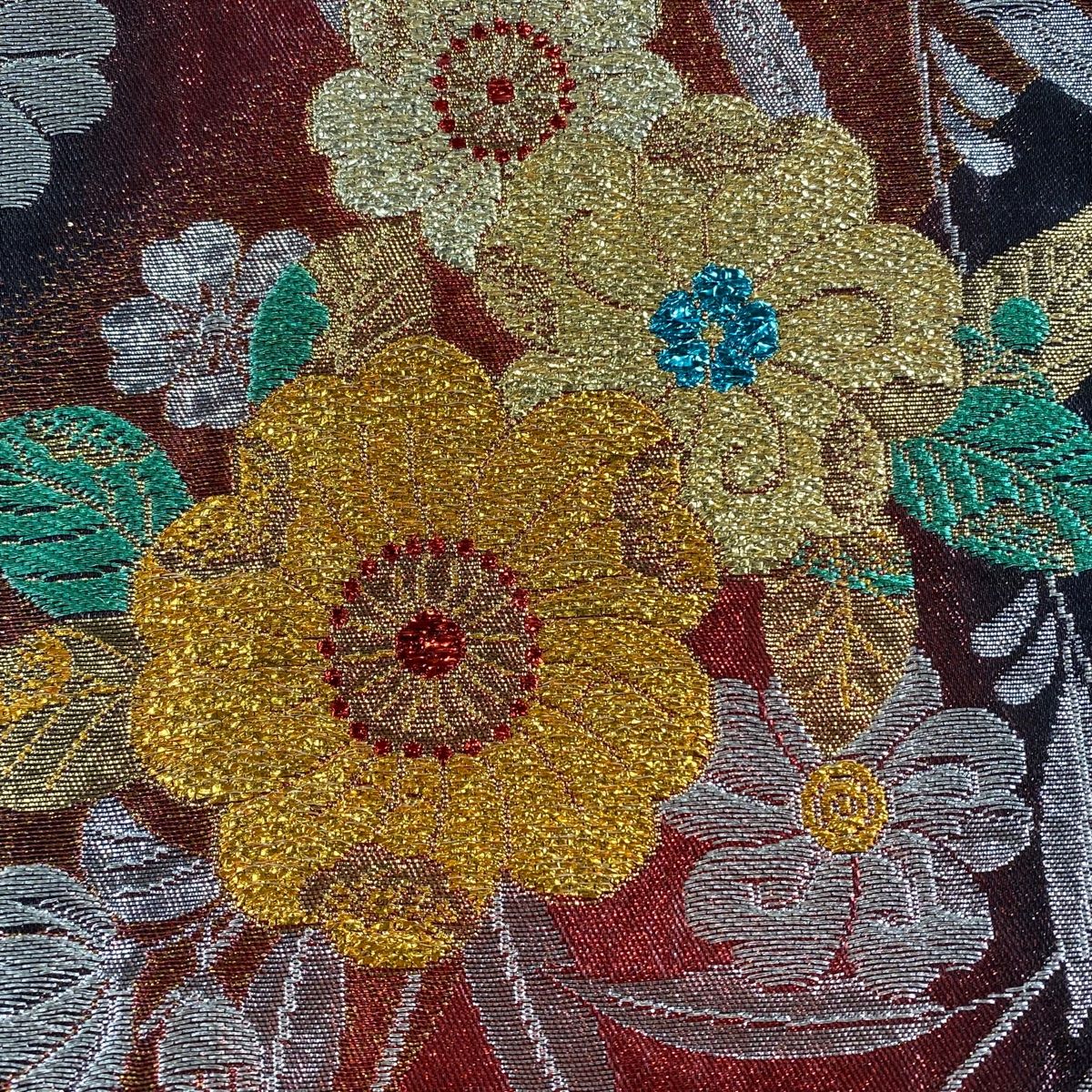 袋帯 秀品 振袖向き 草花 銀糸 箔 赤 六通 正絹 【中古】 - メルカリ