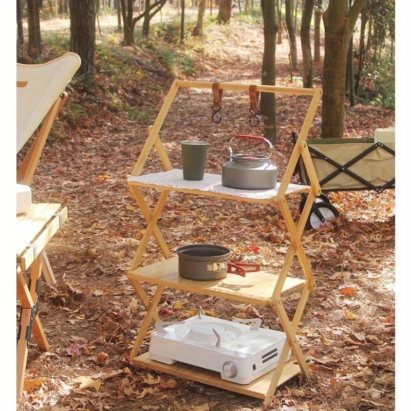 キャンプ用3段式ポータブル竹折りたたみ収納ラック - 多機能木製オーガナイザー キャンプ用3段式ポータブル竹折りたたみ収納ラック - 多機能木製