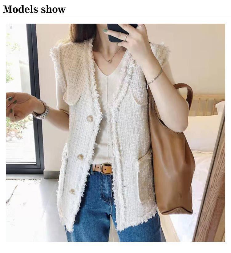  ジレ アウター ボタン ベスト フリンジ ジャケット レディース Vネック ミドル丈 ツイード レイヤード ノー きれいめ おしゃれ 秋 冬 韓国ファッショ 体型カバー 上品 フォー cjfj 142368 ニットベスト ベスト ジレ ビスチェ