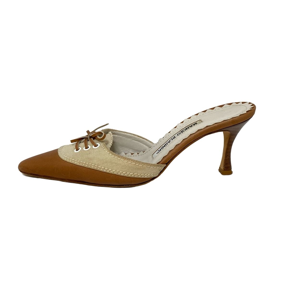 MANOLO BLAHNIK マノロブラニク ミュール 35 1 2 レディース - アイボリー×ブラウン リボン レザー