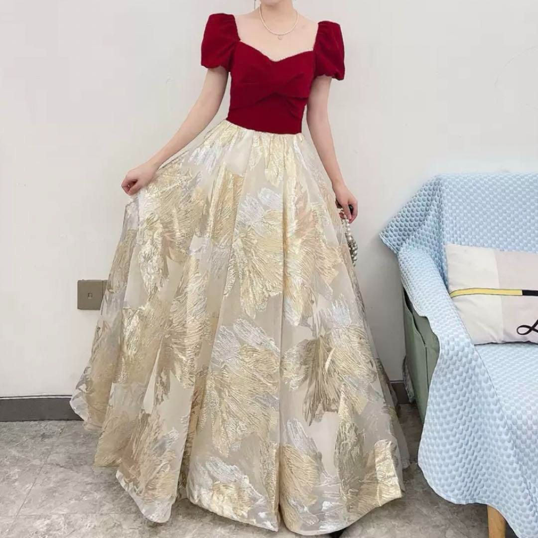 煌びやかな花柄が美しい パール付きパフスリーブ ロングドレス