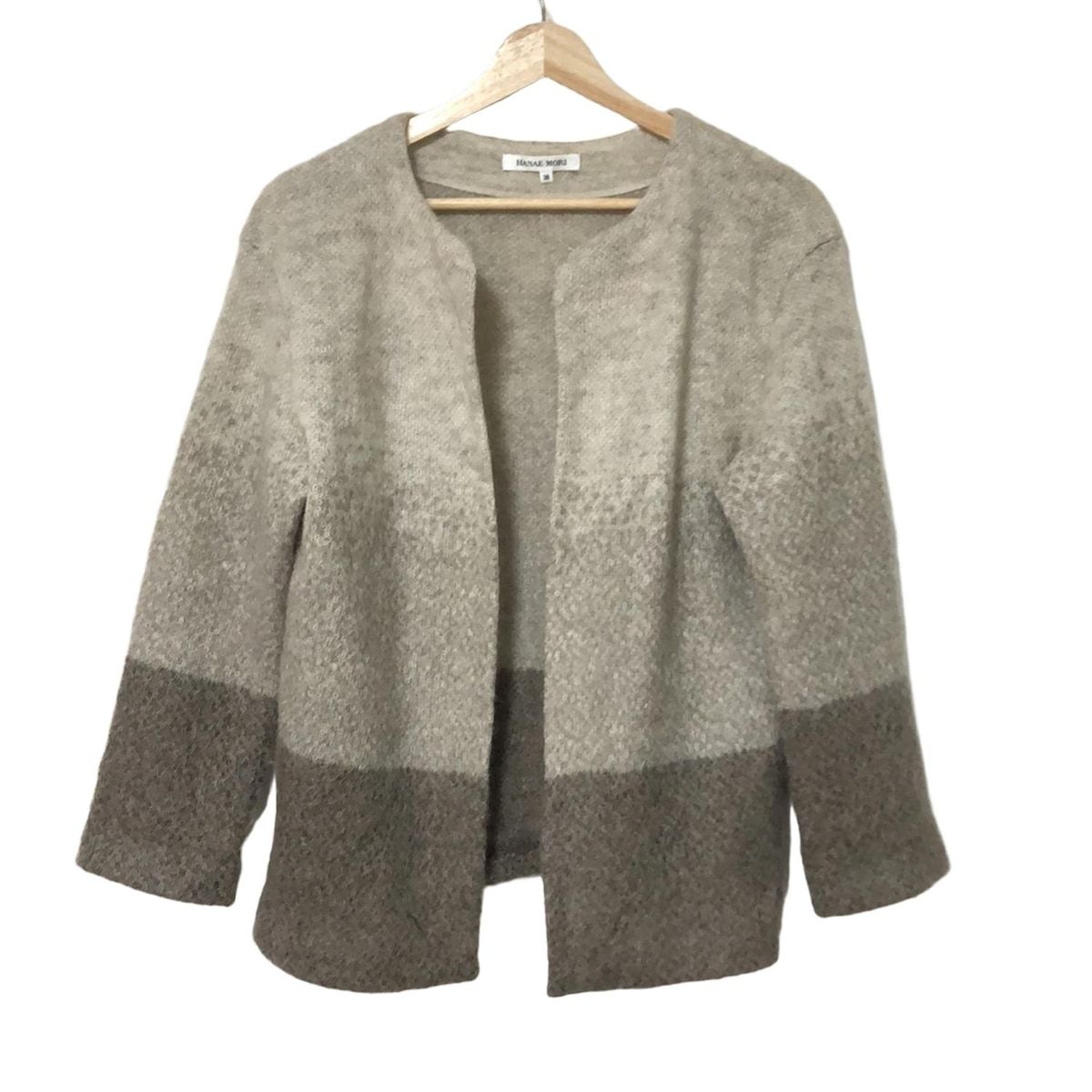 HANAE MORI ハナエモリ カーディガン サイズ38 M レディース - ベージュ×ダークブラウン 長袖