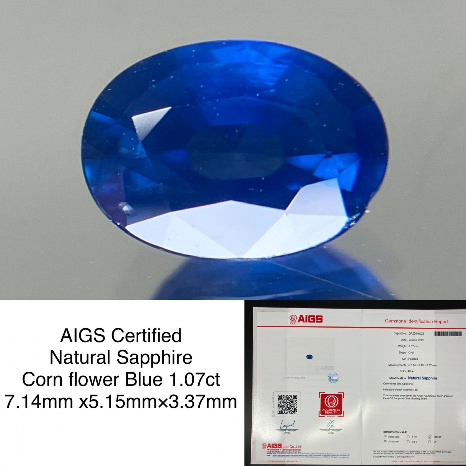 サファイア 1.07ct AIGS鑑別書付き コンフラワーブルー 7.14㎜×5.15㎜×3.37㎜ ルース 裸石 4480YY