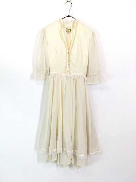 レディース 古着 70s GUNNESAX レース フリル パール ビーズ 半袖 ワンピース ドレス ミディアム丈 L位 古着