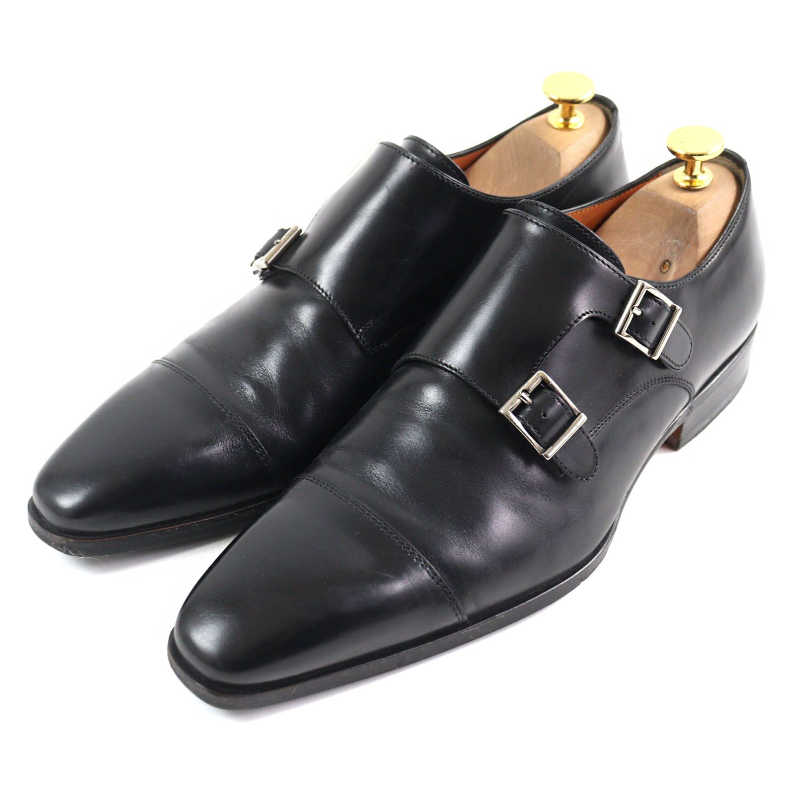 美品Santoni サントーニ 7626 ダブルモンクストラップ キャップトゥ ドレスシューズ レザーシューズ ブラック シルバー金具 6 イタリア製 メンズ