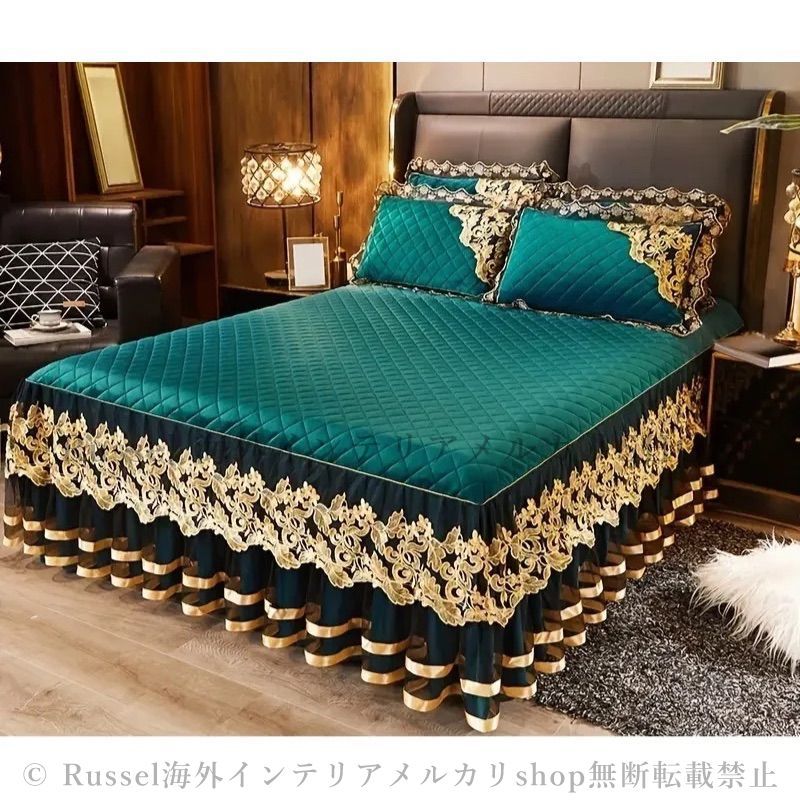 ベッドカバー3点セット ベッドスカート 枕カバー 寝具 ベルベット グリーン ベッドカバー3点セット ベッドスカート 枕カバー 寝具