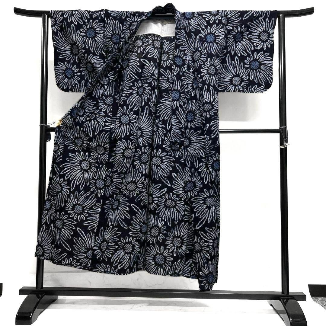 向日葵　花模様　藍染　浴衣　有松鳴海絞り　着物　035a p 向日葵 花模様 藍染 浴衣 有松鳴海絞り 着物 035a p